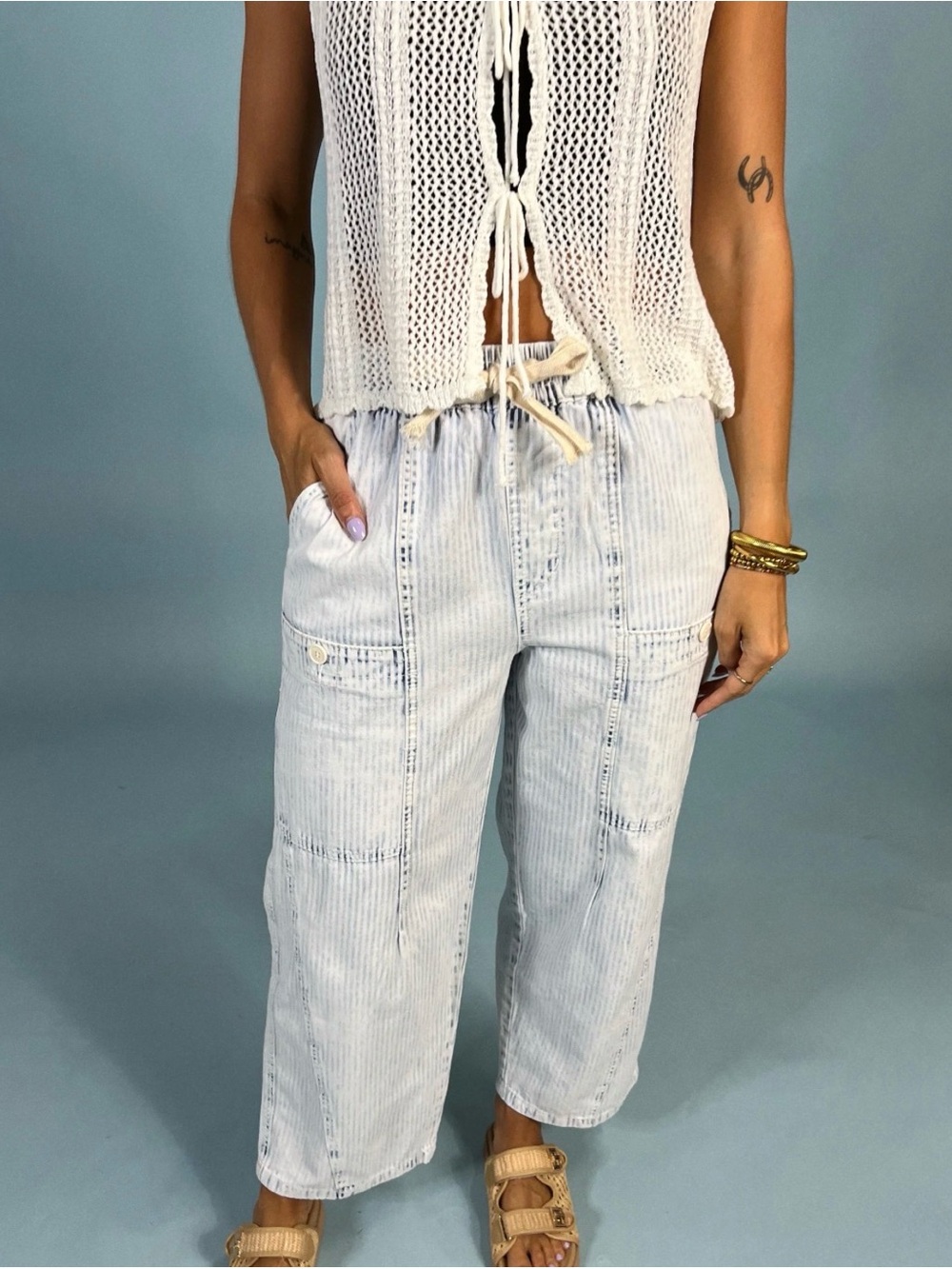 Miou muse Light Wash Cropped Utility Jeans with Drawstring Waist